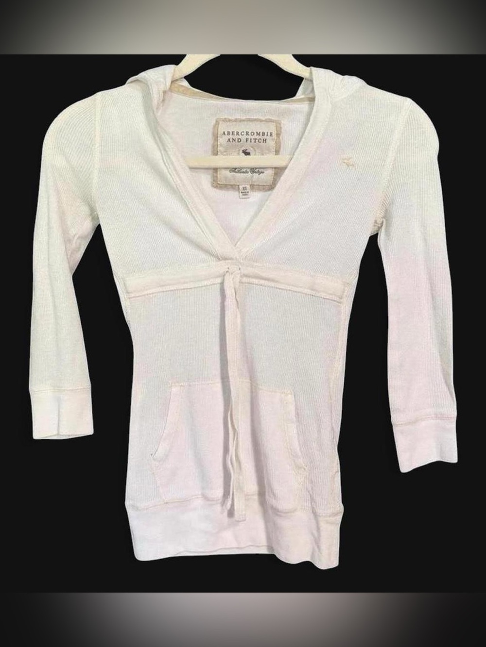 Abercrombie & Fitch White Knit Hooded Babydoll Tie Front Top Y2K